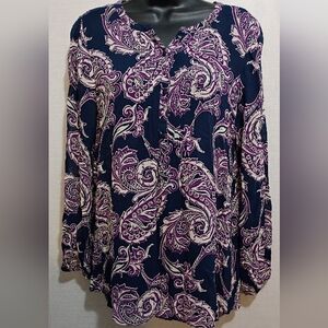 Lucky Brand Shirt Med Paisley Print Women's Top - Navy and Purple Tunic Bohemian